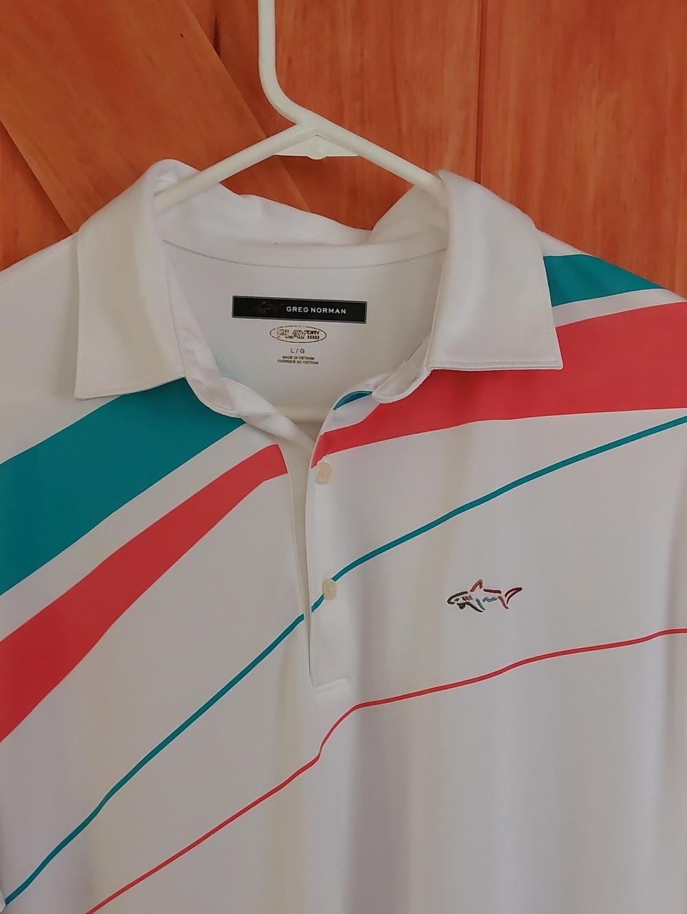 Greg Norman Collection White Polo with Teal and Coral Stripes